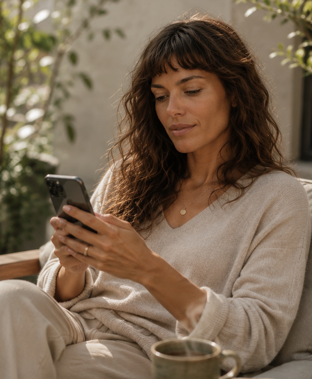 Woman relaxing at home in warm morning light